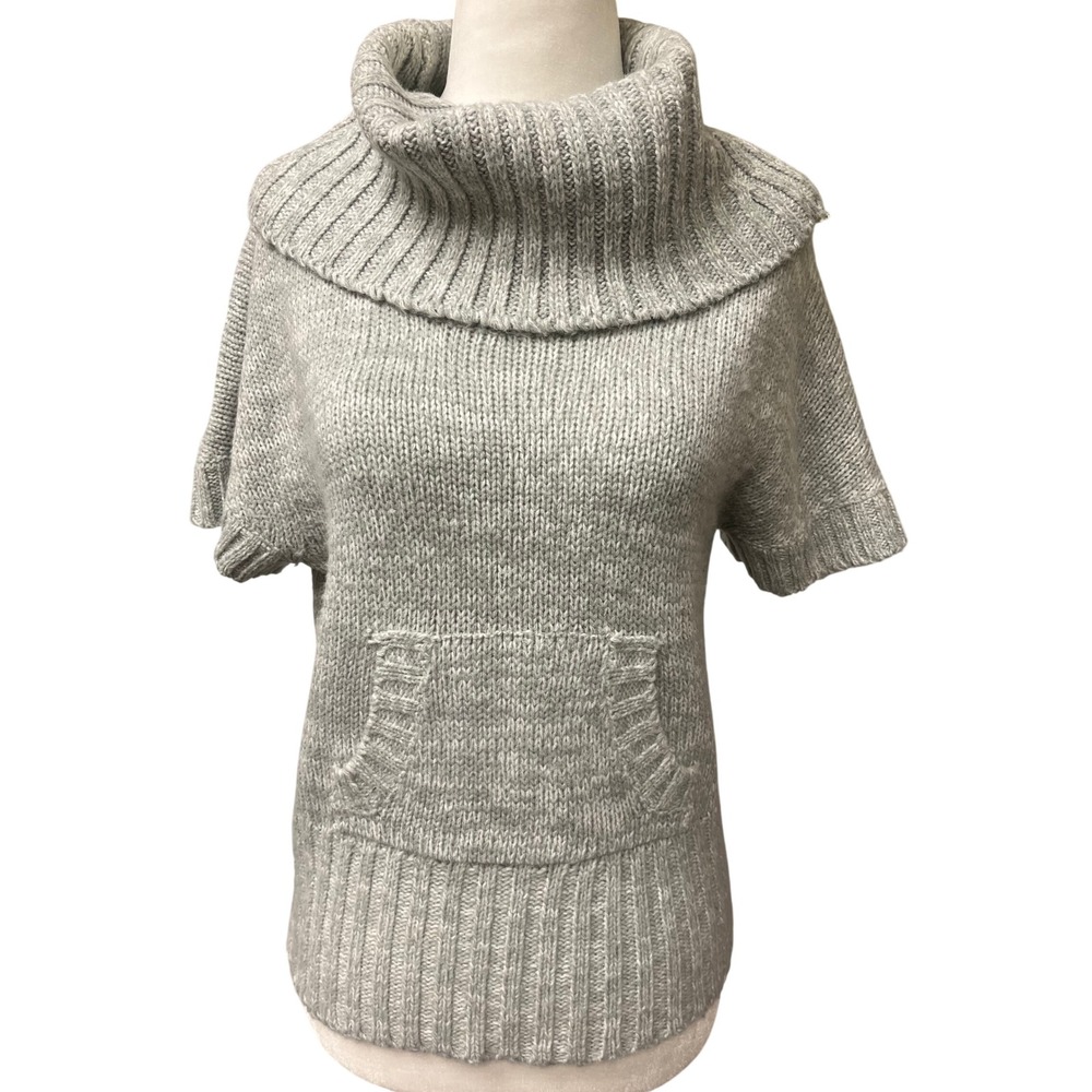 Love Change Gray Cowl Neck Short Sleeve Sweater Kangaroo Pocket Large